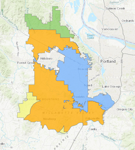 TVFR Fire District border map seperated into color categories of orange, yellow, blue, and green.