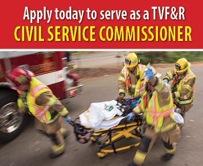 four firefighters moving a stretcher with words seeking volunteer for Civil Service Commission