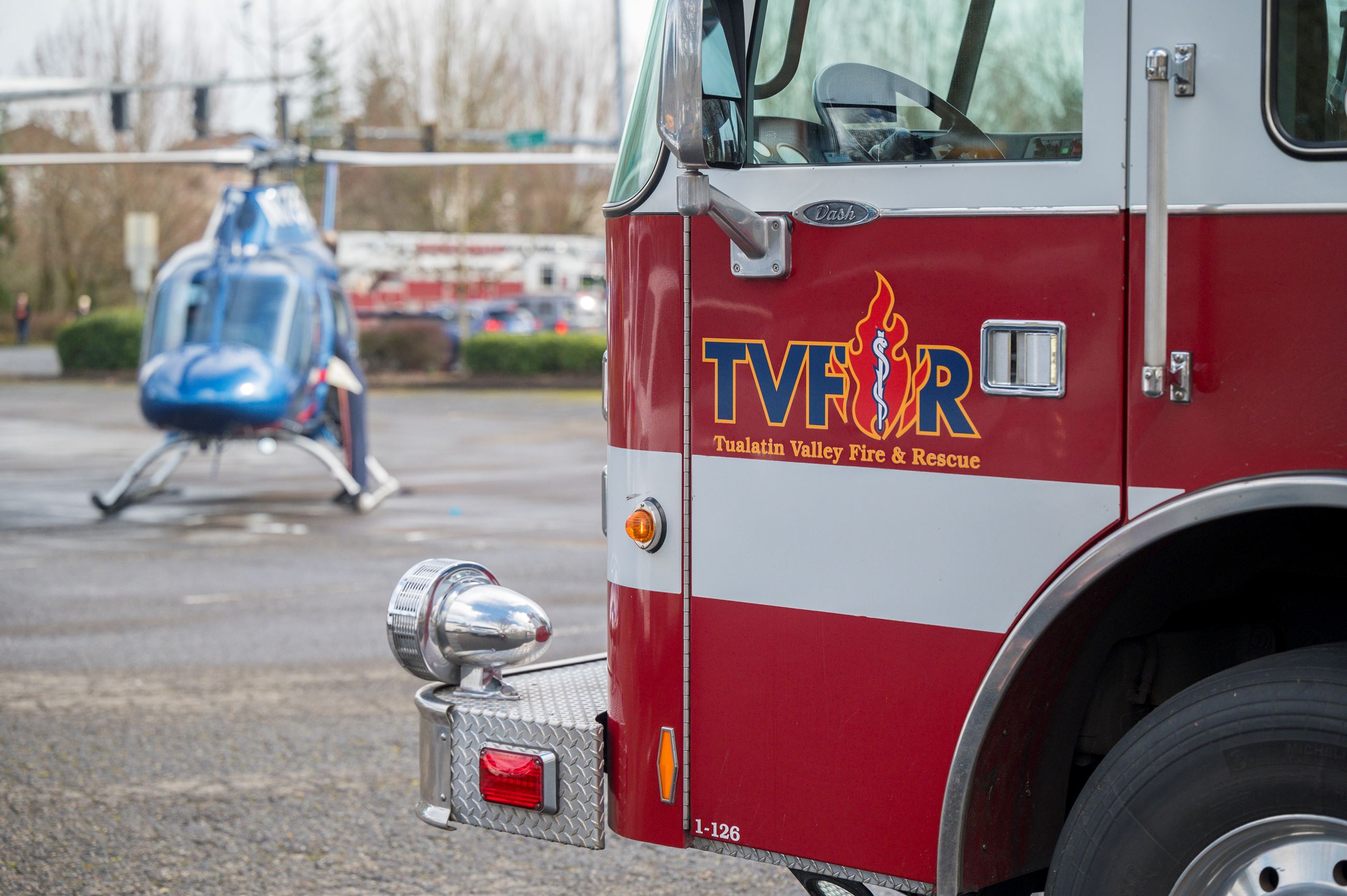 Fire engine and LifeFlight helicopter